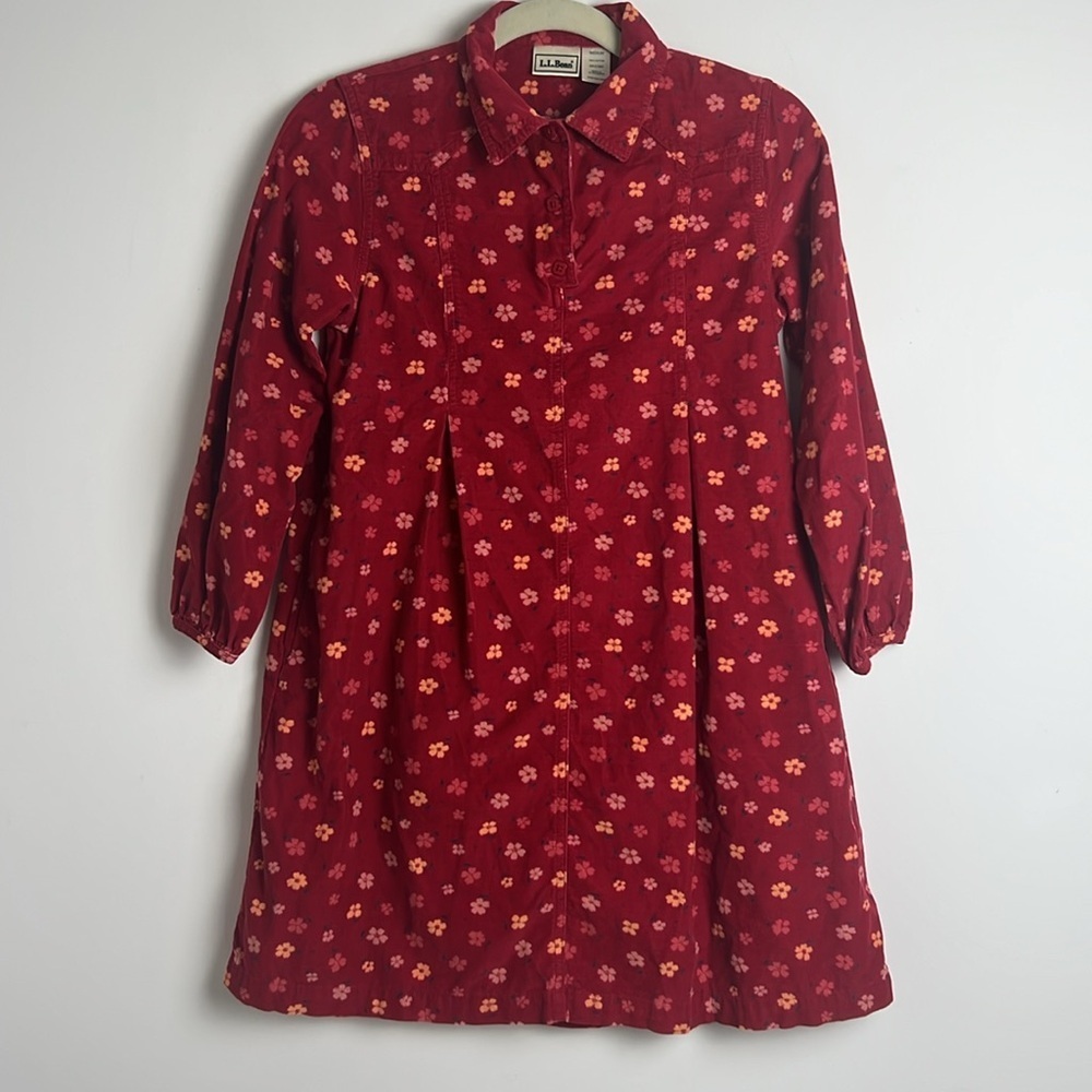 L.L. Bean Girl's Medium Red Ditsy Floral Corduroy A-Line Dress 100% Cotton
